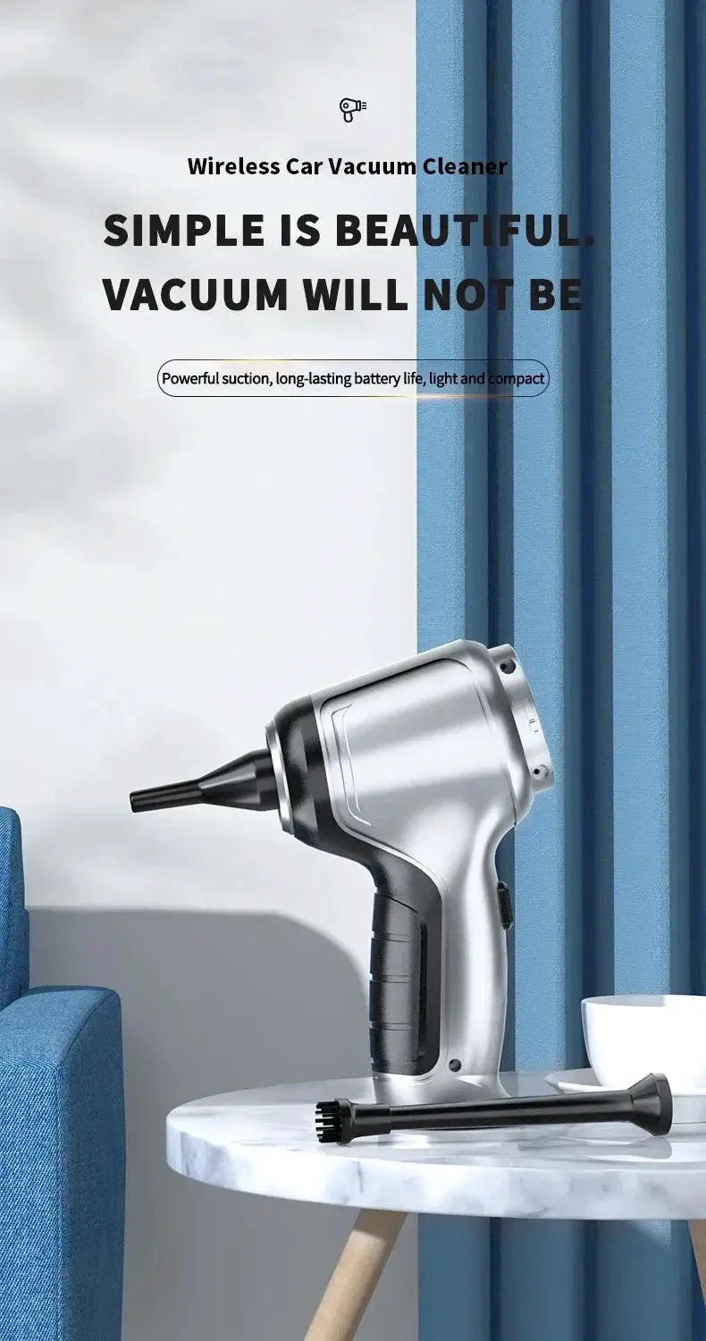 Wireless car vacuum cleaner in silver and black with detachable nozzle and brush attachment.
