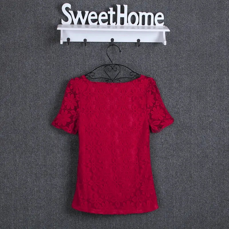 Summer lace women's blouse red floral short-sleeve top on hanger
