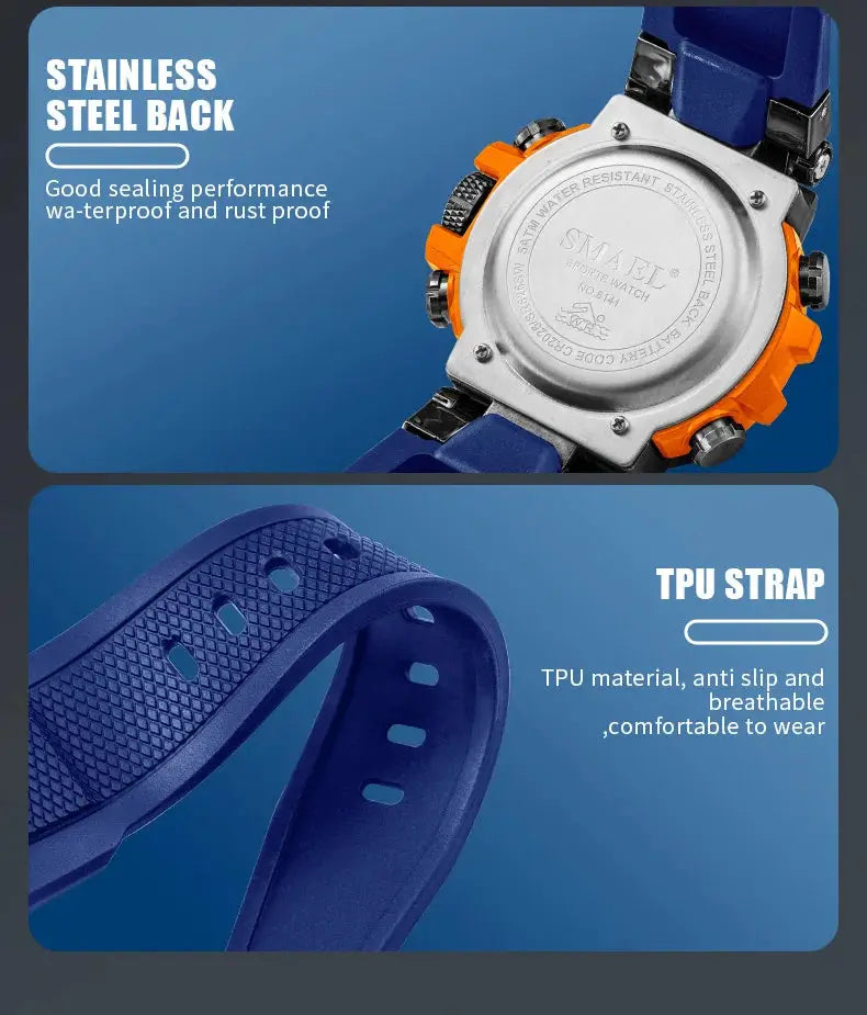 SMAEL 8141 men's digital sport watch with blue TPU strap and alloy case, stainless steel back, 50m water resistant
