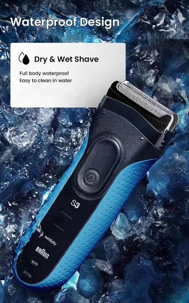 Braun Series 3 electric shaver with blue body and trimmer, S3 model, waterproof