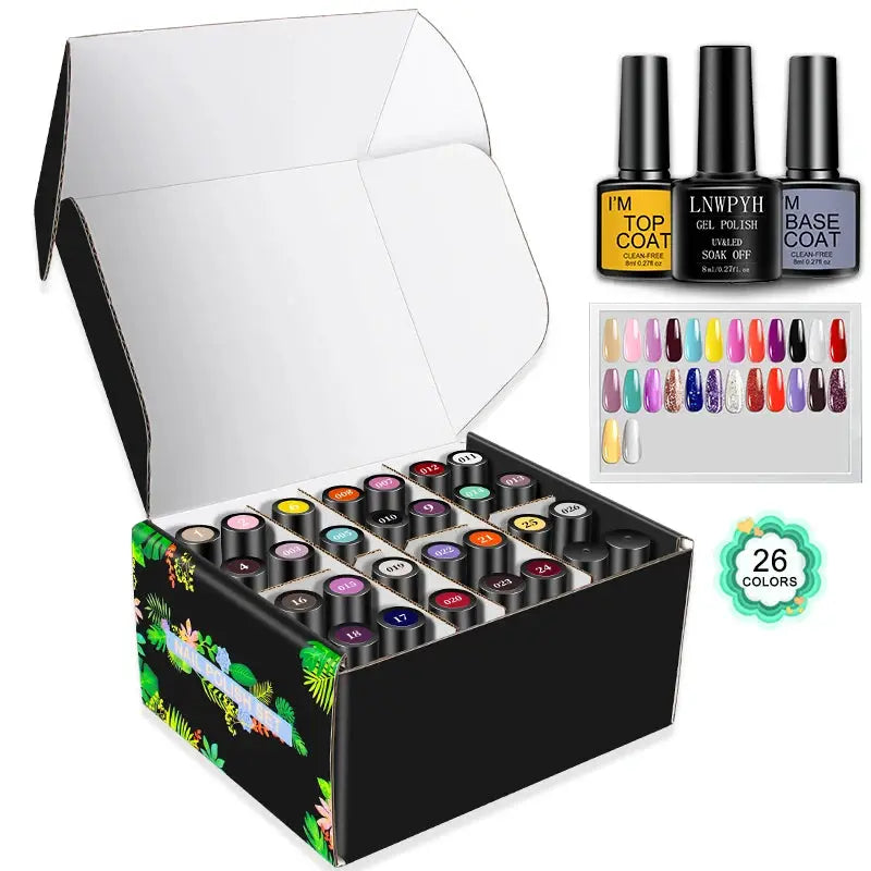 LNWPYH gel nail polish set by Simples Market with 26 colors and base and top coats in a black display box