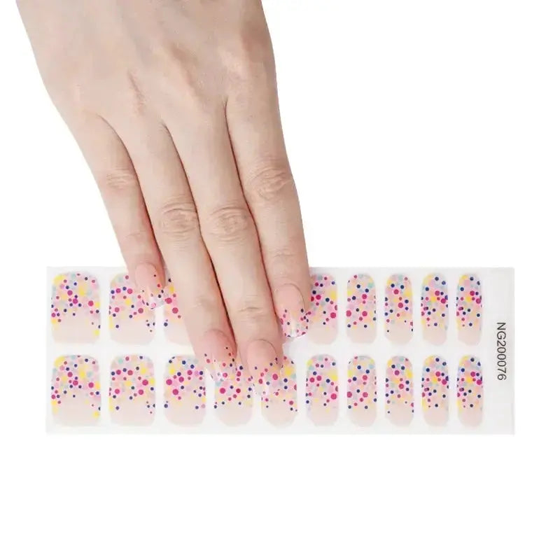 Gel nail wraps sheet with colorful confetti dots on nude base for full-cover manicure