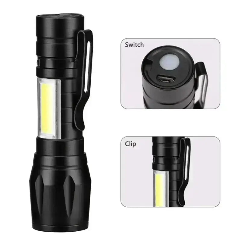 Flashlight black 100000LM rechargeable LED with clip and USB charging port