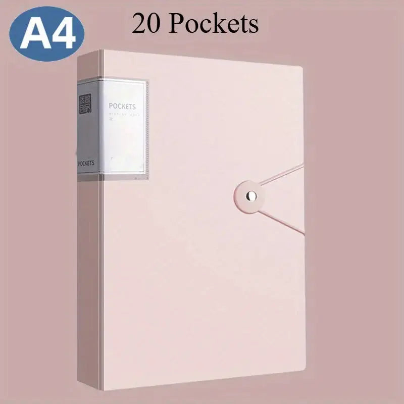 Pink A4 binder with 20 pockets, blush document organizer for designers and students