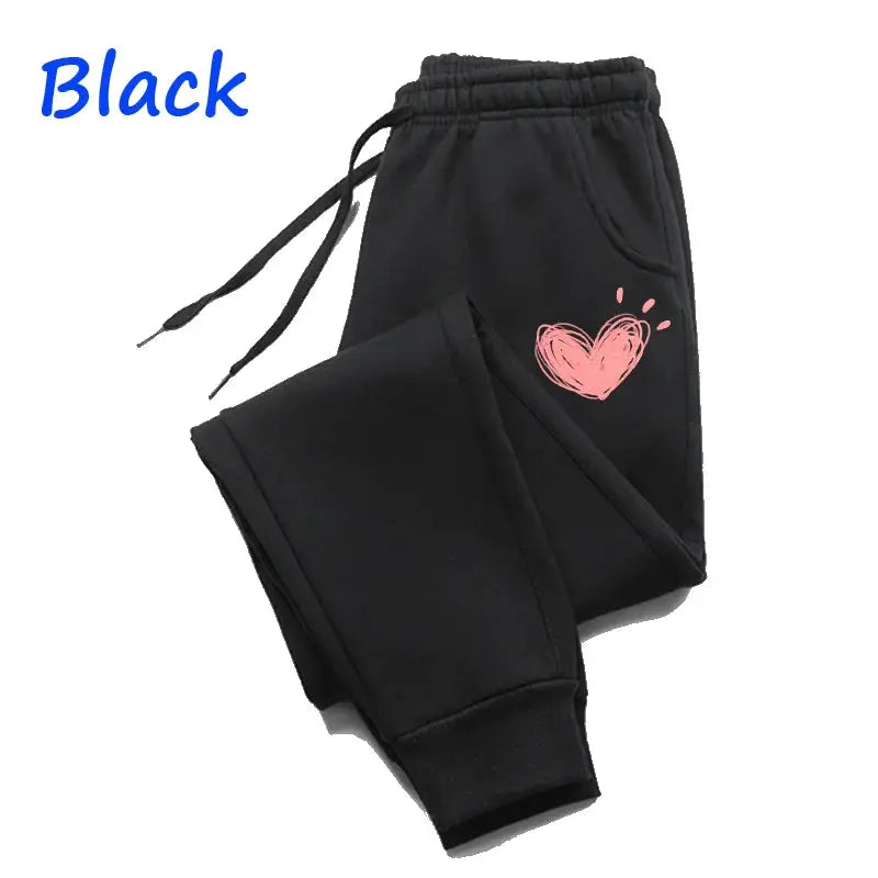 CozyWear Women Heart Print Fleece Lined Sweatpants Slim Fit Joggers For Autumn Winter