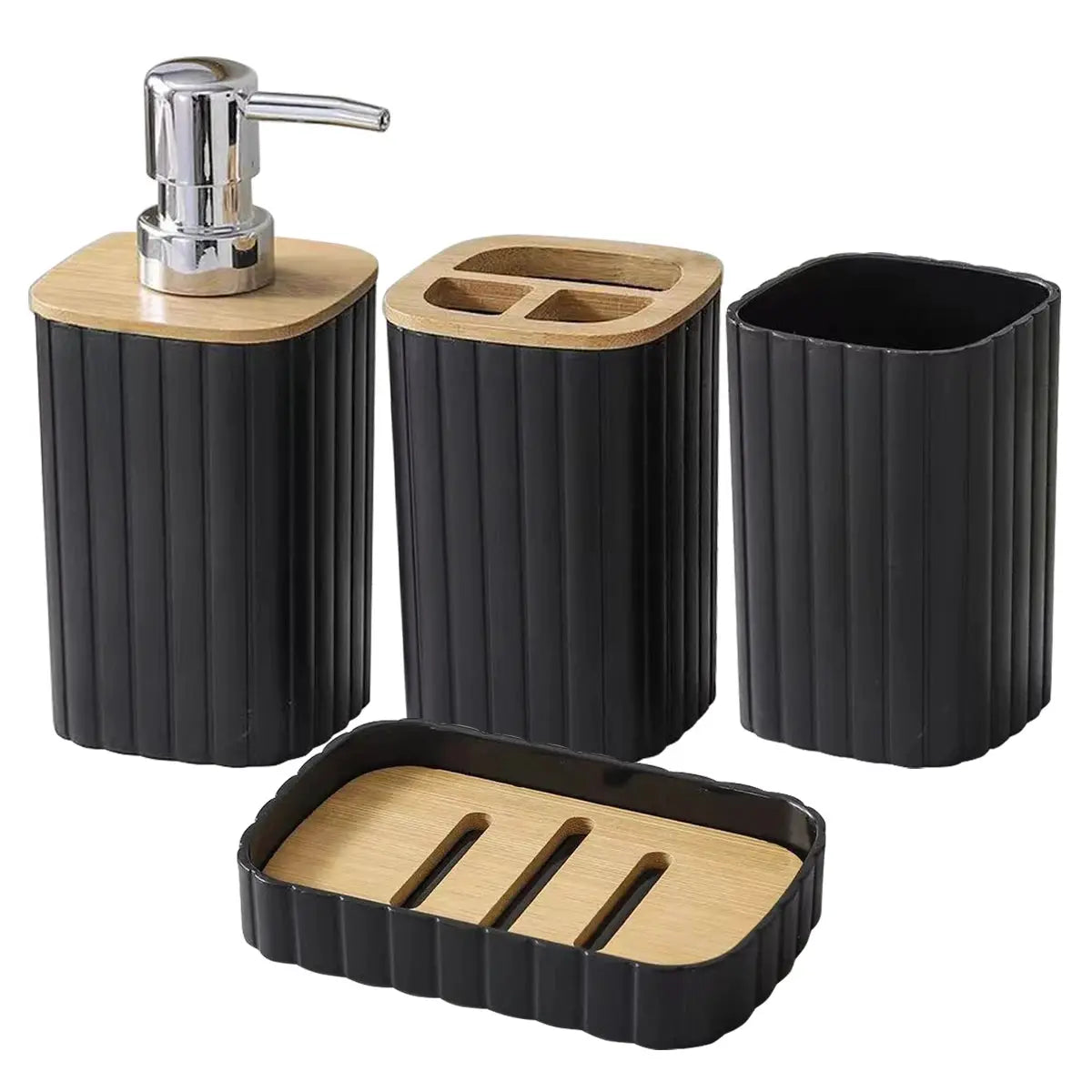 4-piece bathroom set in black ribbed plastic with bamboo; soap dispenser, toothbrush cup, soap holder, and tray.