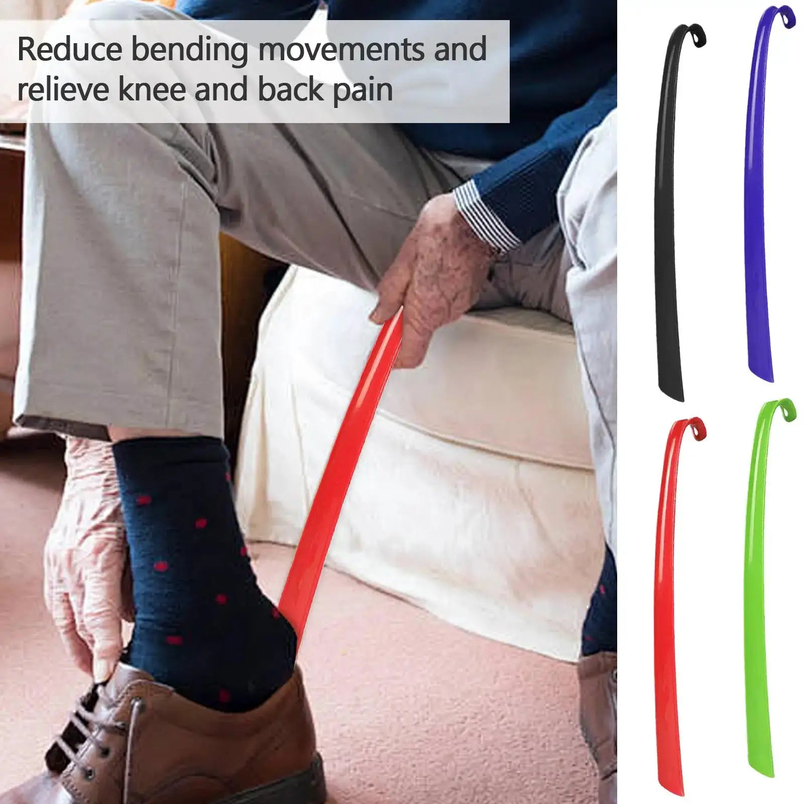 Simples Market plastic extra-long shoehorn in red being used to slip on a shoe; color options shown.
