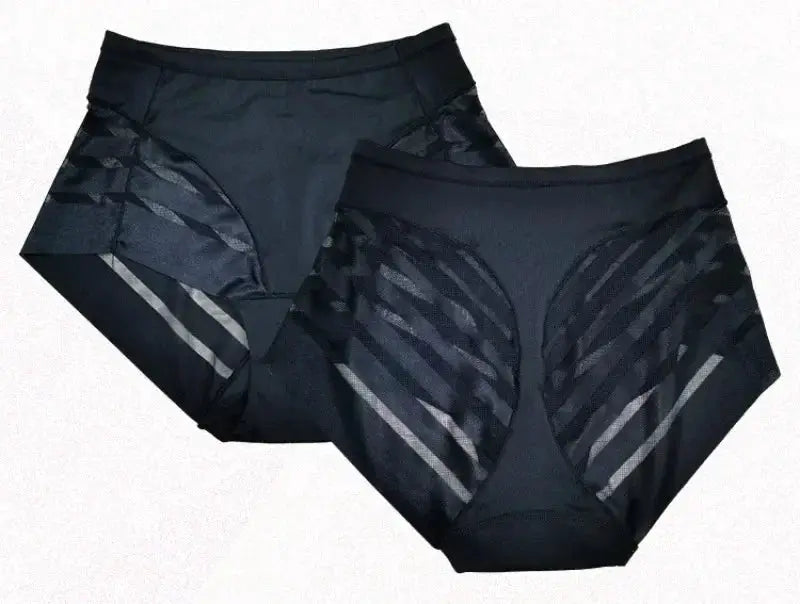 High-waist seamless briefs for women in black with transparent mesh panels, tummy-control shapewear; set of 2