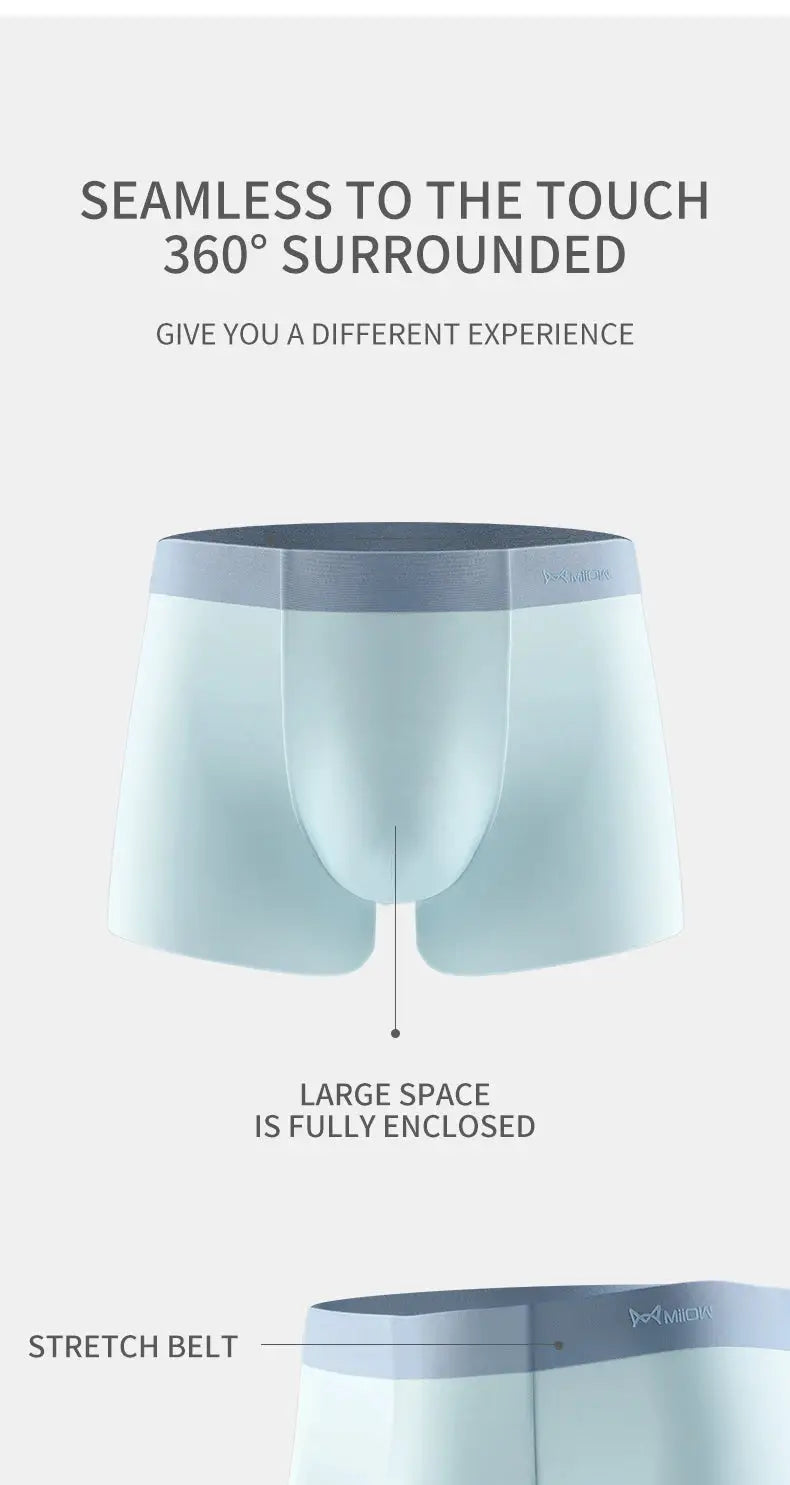 MIIOW ice silk men's boxer briefs in light blue with gray waistband, seamless 3-pack