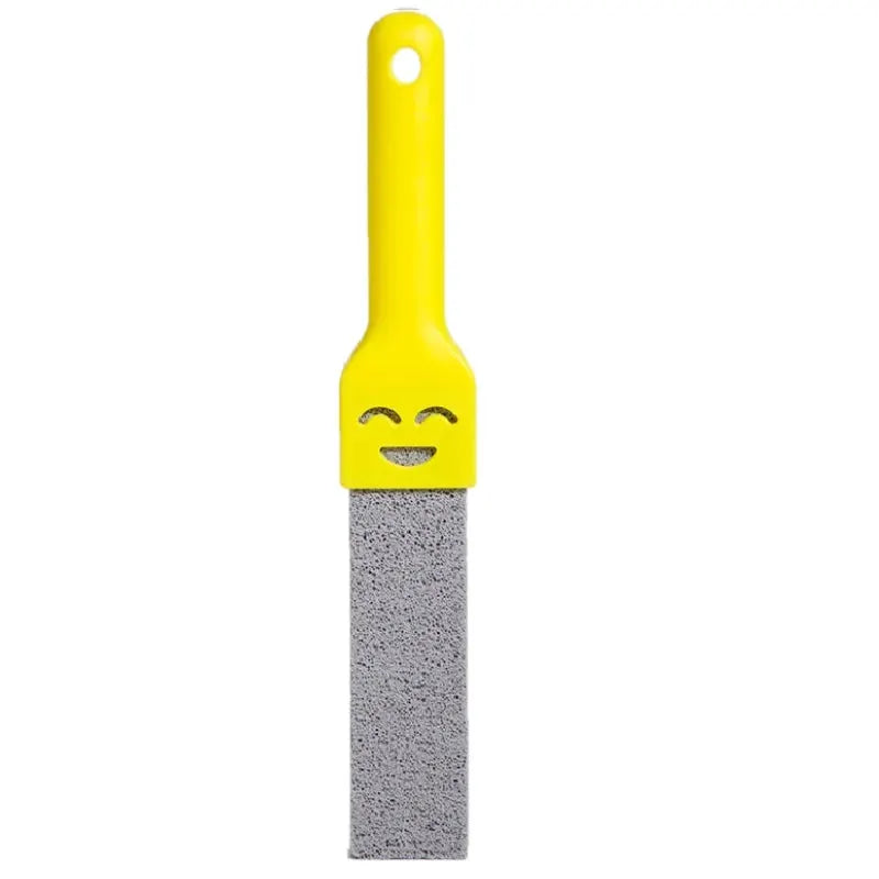 Pumice stone cleaning stick with yellow handle and gray abrasive block for bathroom tile cleaning