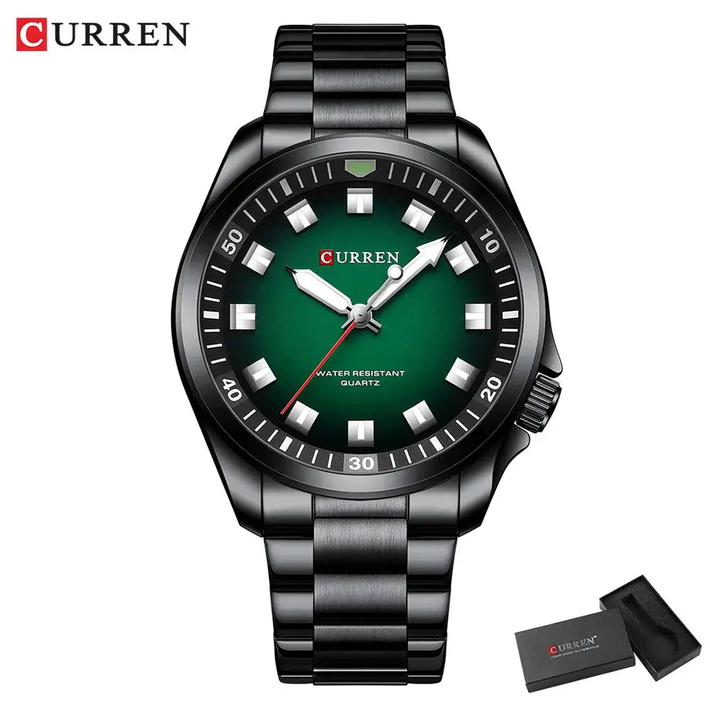 CURREN men's stainless steel watch with green dial, black bracelet, water-resistant quartz