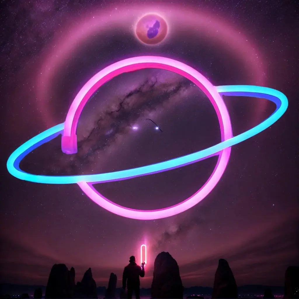 Decorative neon light with pink and blue planetary ring for space-themed wall decor, USB or battery powered.