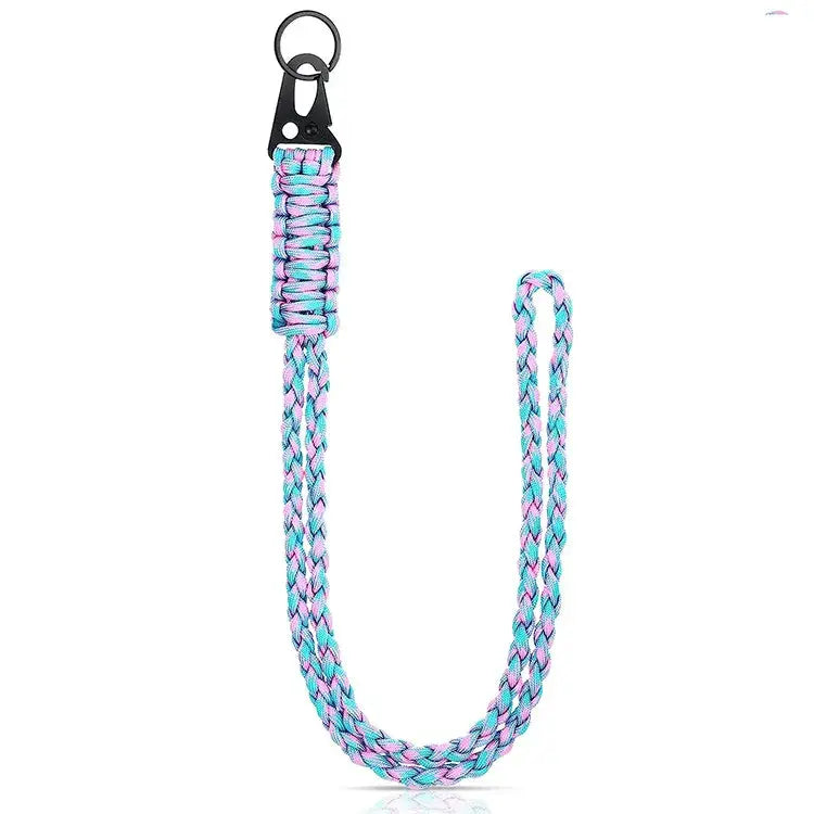 Simples Market heavy-duty paracord lanyard keychain, 7-core neck cord with metal clip; blue-pink braided