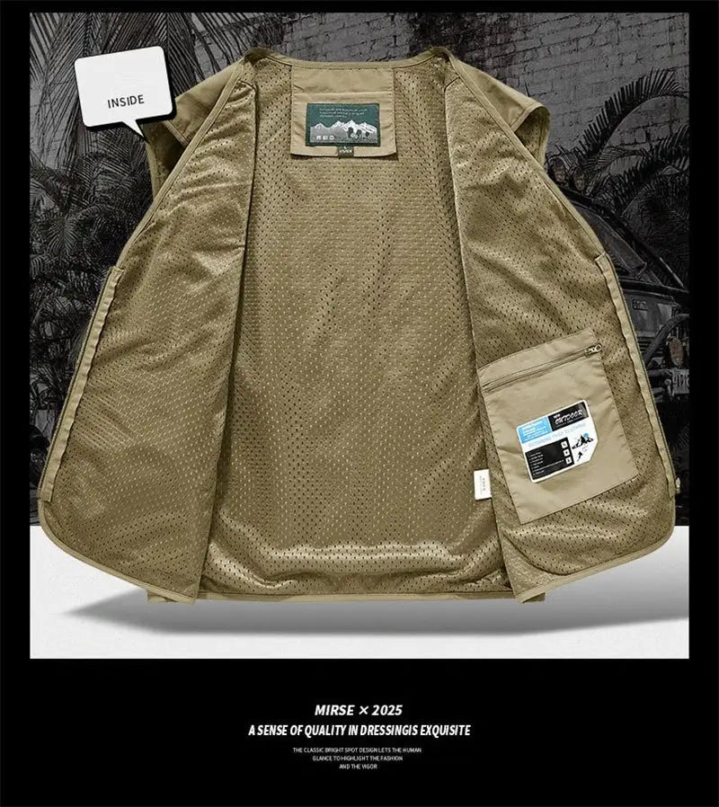 Simples Market tan mesh-lined men's vest with multiple pockets, sleeveless outdoor waistcoat