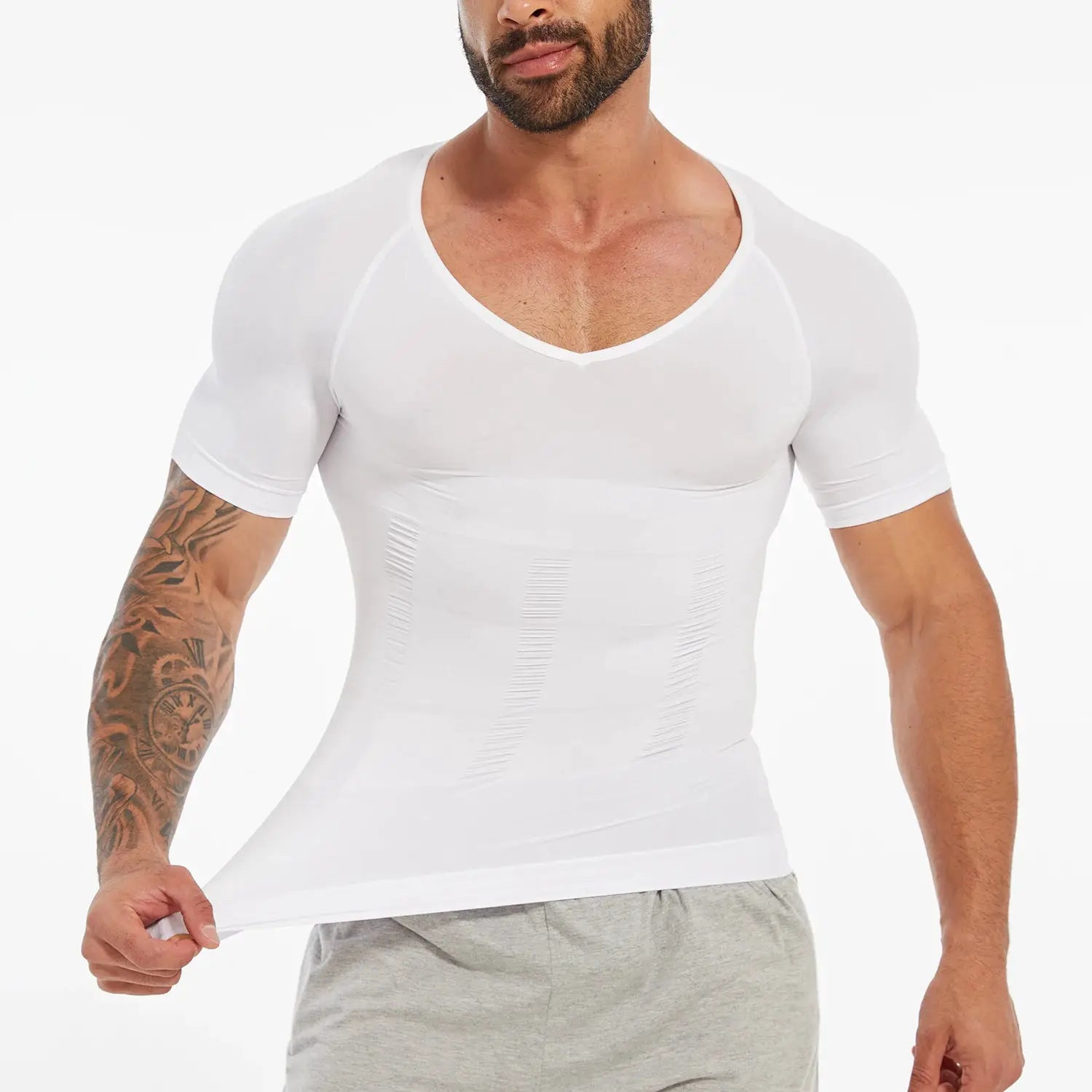 Men's white short-sleeve compression T-shirt with V-neck, tummy-control shapewear
