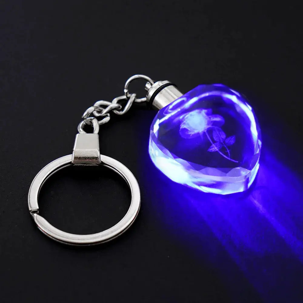 Love Heart LED Light Keychain With Colorful Fairy Rose Pattern Crystal Rhinestones