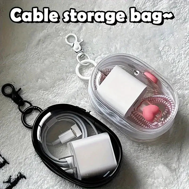 Portable mini clear zipper storage bag set (2 pouches) with keychain loops; organizer for earphones and chargers.