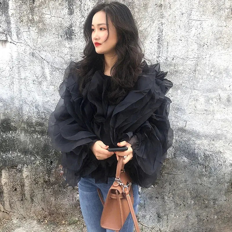 Twotwinstyle Elegant Patchwork Ruffles Chiffon Blouse O Neck Lantern