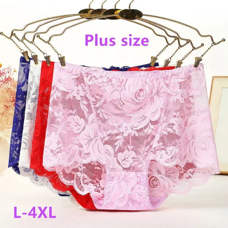 Five-piece plus-size lace panties set in pink, red, white, blue, purple; high-waist underwear by Simples Market, L–4XL.