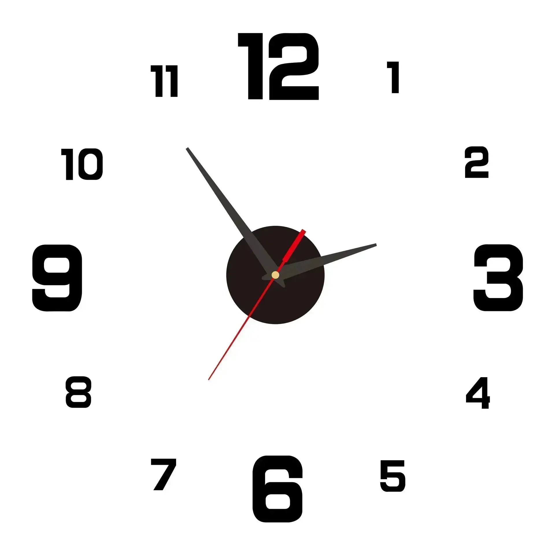 Wall clock with oversized black numerals on white background, central dial, gray hands, red second hand