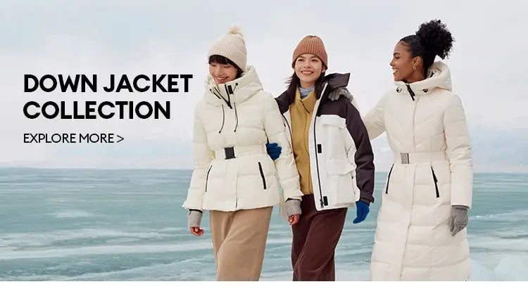Semir down jackets, white textured hooded waterproof outerwear worn by three models.