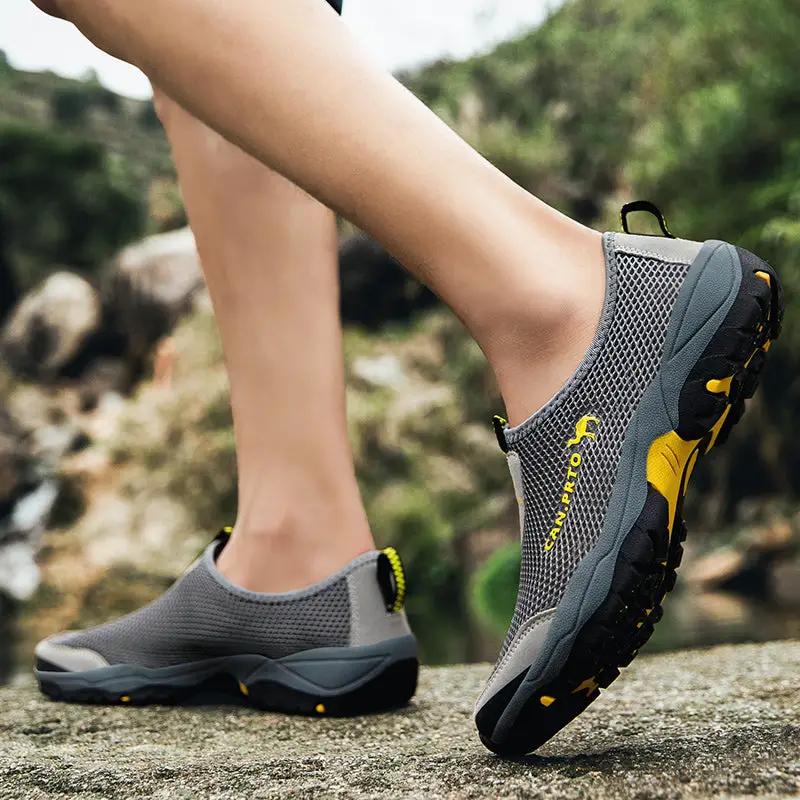 Men's mesh slip-on outdoor sneakers, gray with yellow accents by Simples Market (2 shown).