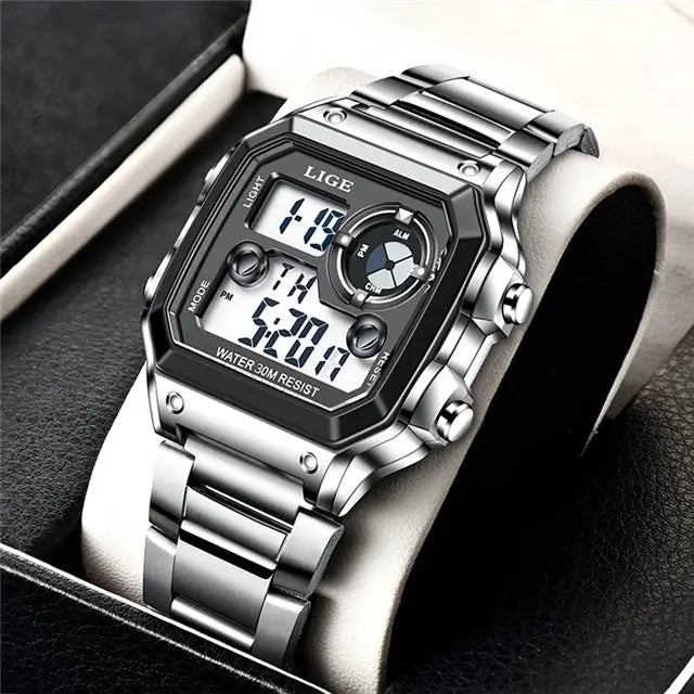 LIGE men's digital sport wristwatch with stainless steel band, black bezel, water-resistant 30m