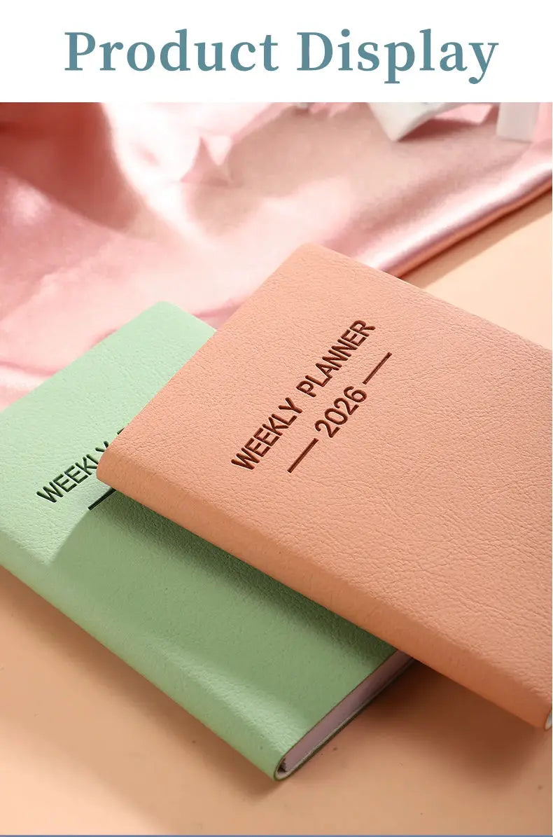 Two A7 Morandi PU-covered weekly planners in peach and mint green; 64 sheets (128 pages).