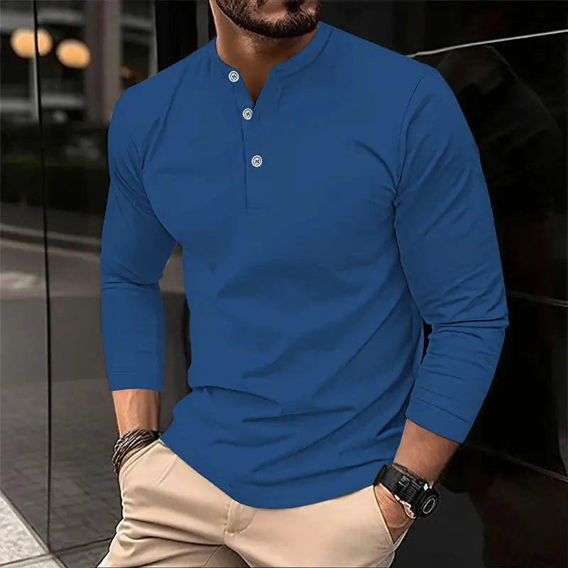 Men's blue long-sleeve Henley polo shirt, breathable casual wear.