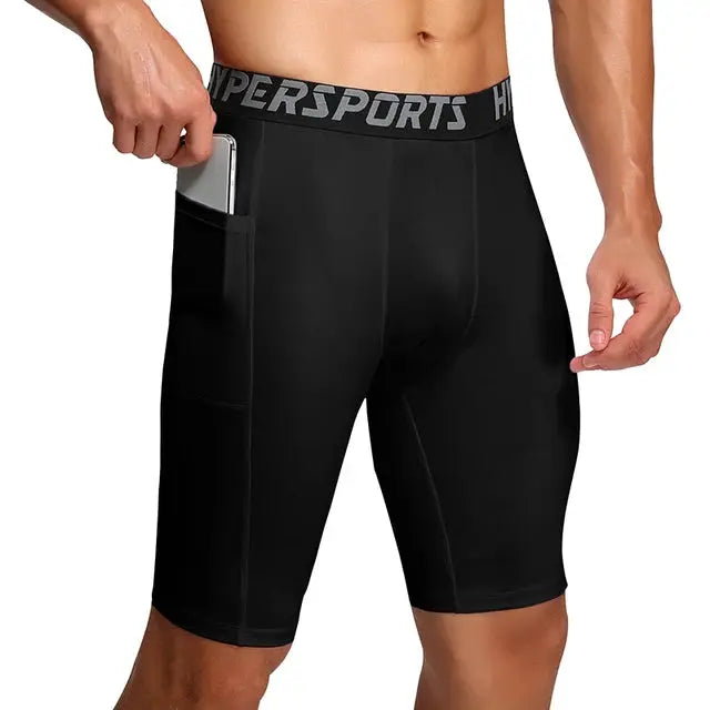 Men's black compression shorts with HyperSports waistband and side phone pocket.