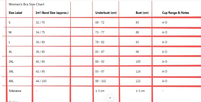 Women's bra size chart with underbust and bust measurements in cm for S–4XL, cup A–D.