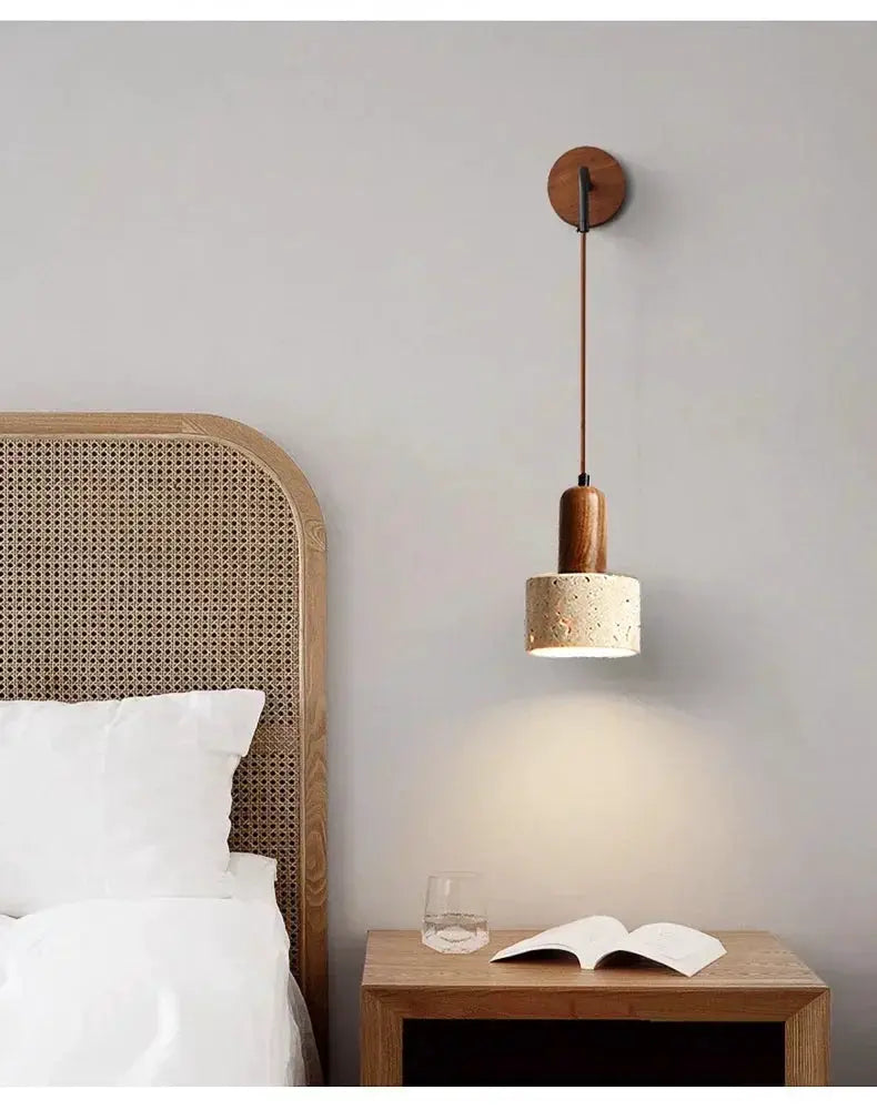 Stone wall lamp with peach wood pendant, LED bedside sconce for bedroom decor