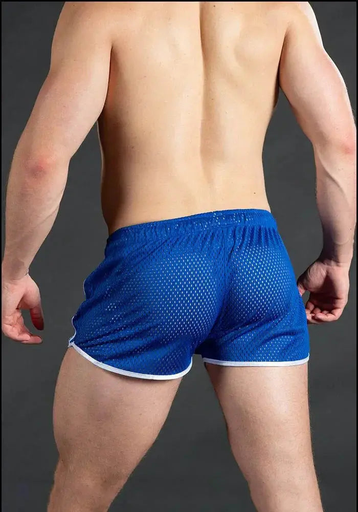 Men's blue mesh grid-pattern running shorts with white trim, breathable quick-dry gym wear