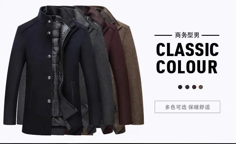 Men's wool trench coats by Simples Market; five coats in navy, gray, burgundy, brown, and camel.