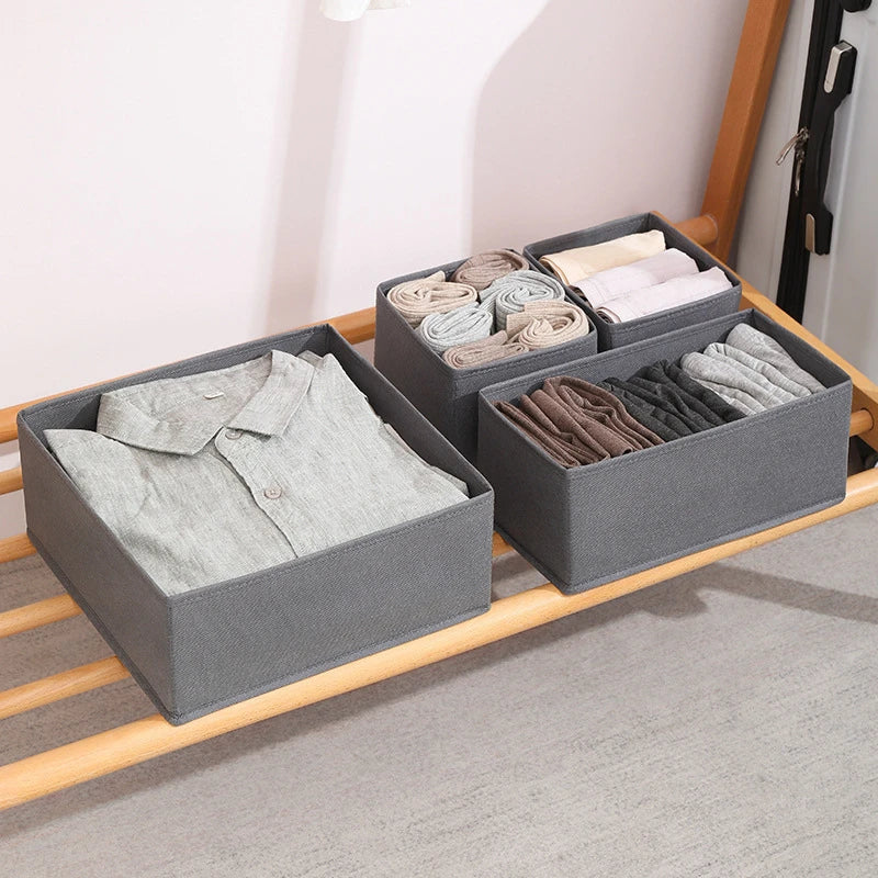 Simples Market grey fabric foldable drawer organizers; four-piece wardrobe storage boxes
