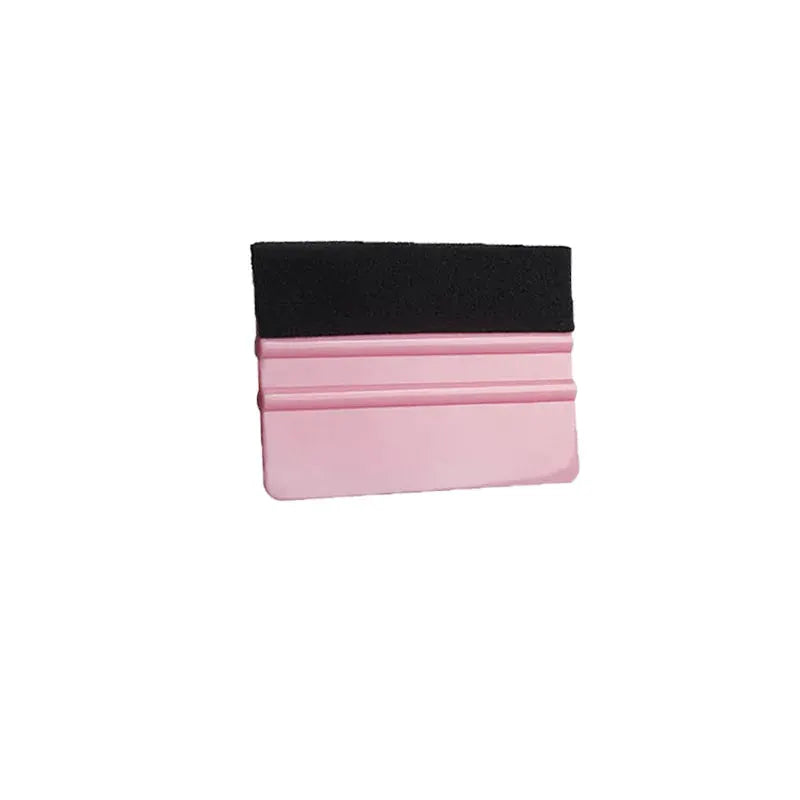 Felt edge squeegee window tinting tool, pink plastic with black felt edge