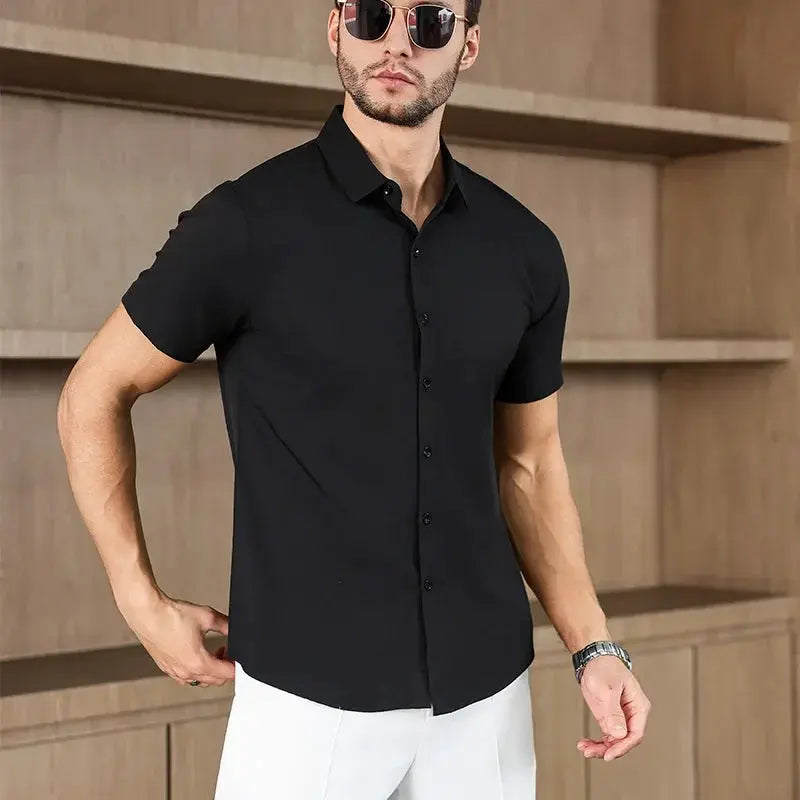 Men's black short-sleeve solid-color business casual shirt by Simples Market