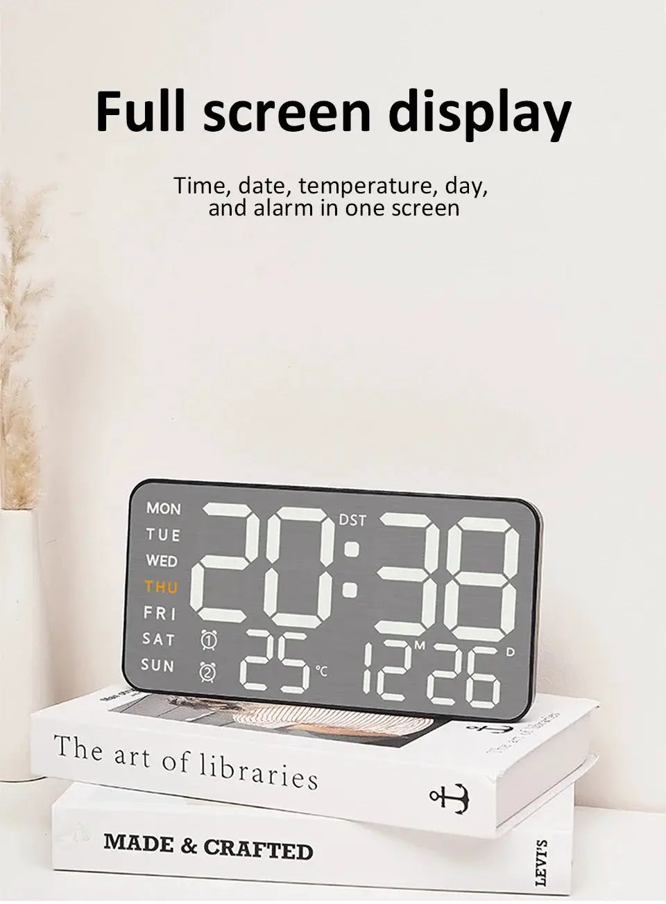 Digital wall clock with mirror-brushed finish by Simples Market; large time, date and temperature display