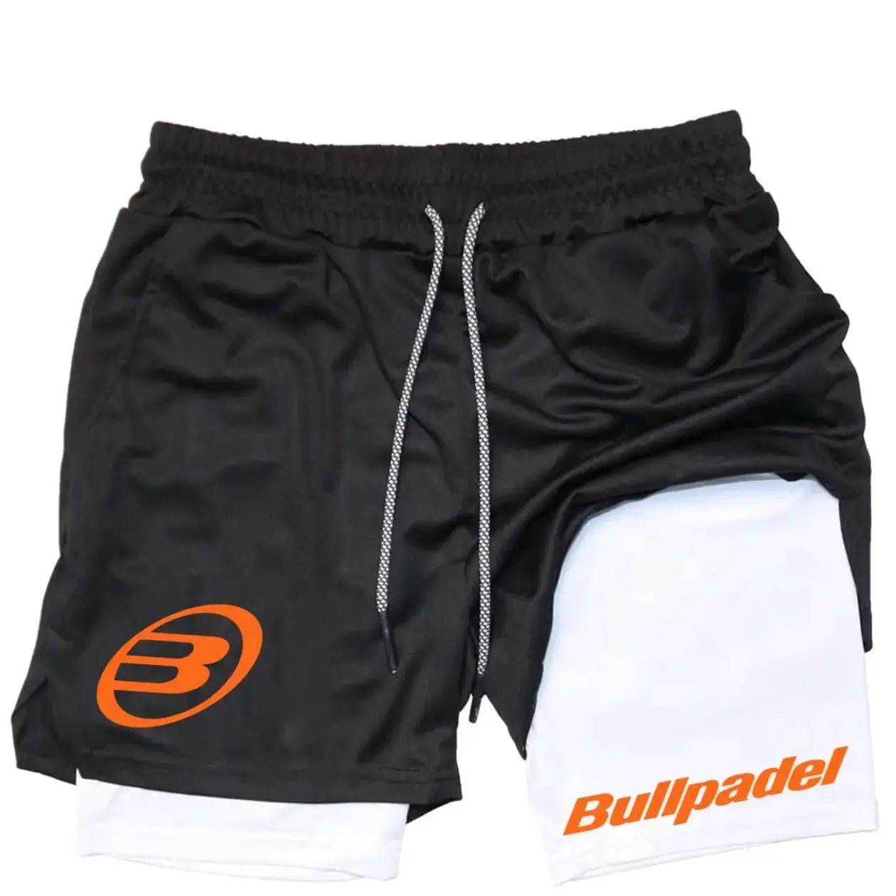 Berserk men's 2-in-1 sports shorts, black with white panel, quick-drying, drawstring waist, Bullpadel logo