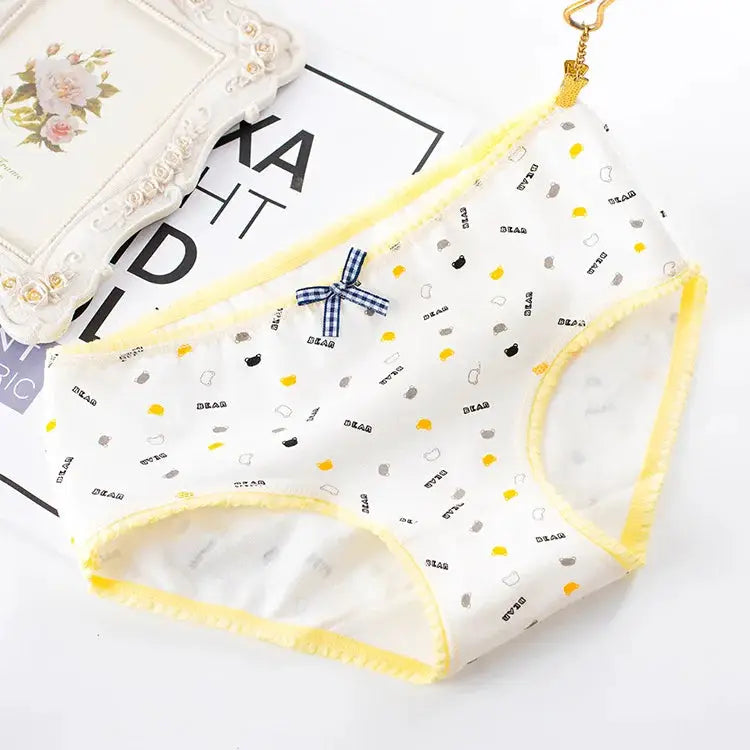 Women’s cotton seamless panties with yellow trim and blue bow, cartoon print, Simples Market