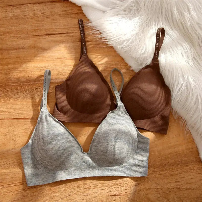 FINETOO women's wireless bralette set, 2 ribbed-knit padded bras in brown and gray