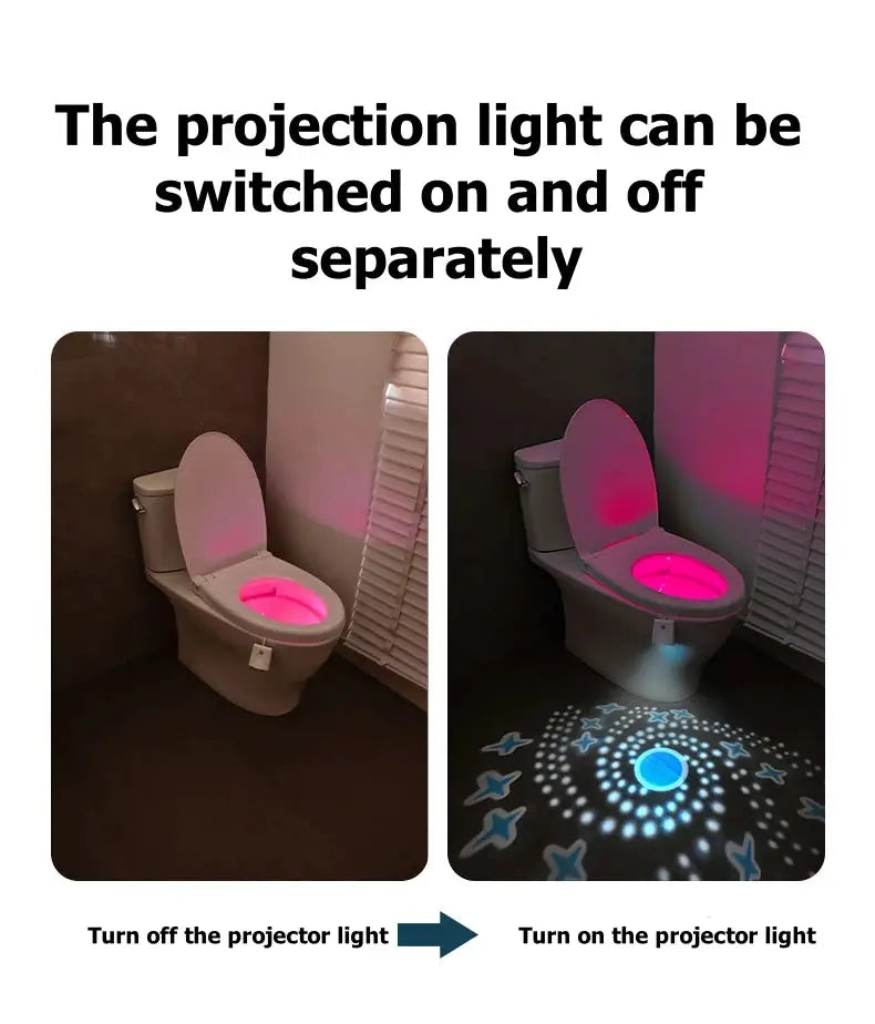 Toilet night light with projection by Simples Market; pink toilet glow and blue star floor projection.