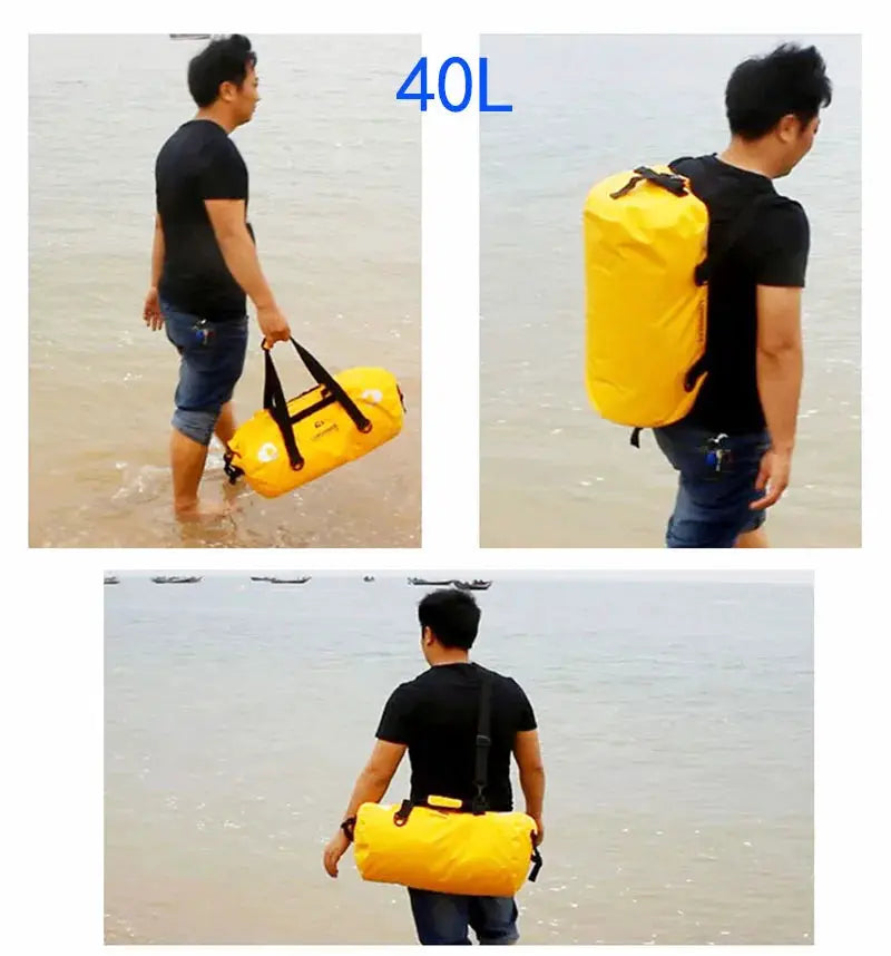 Simples Market 40L waterproof duffle bag in bright yellow with black straps, shown carried at the beach.