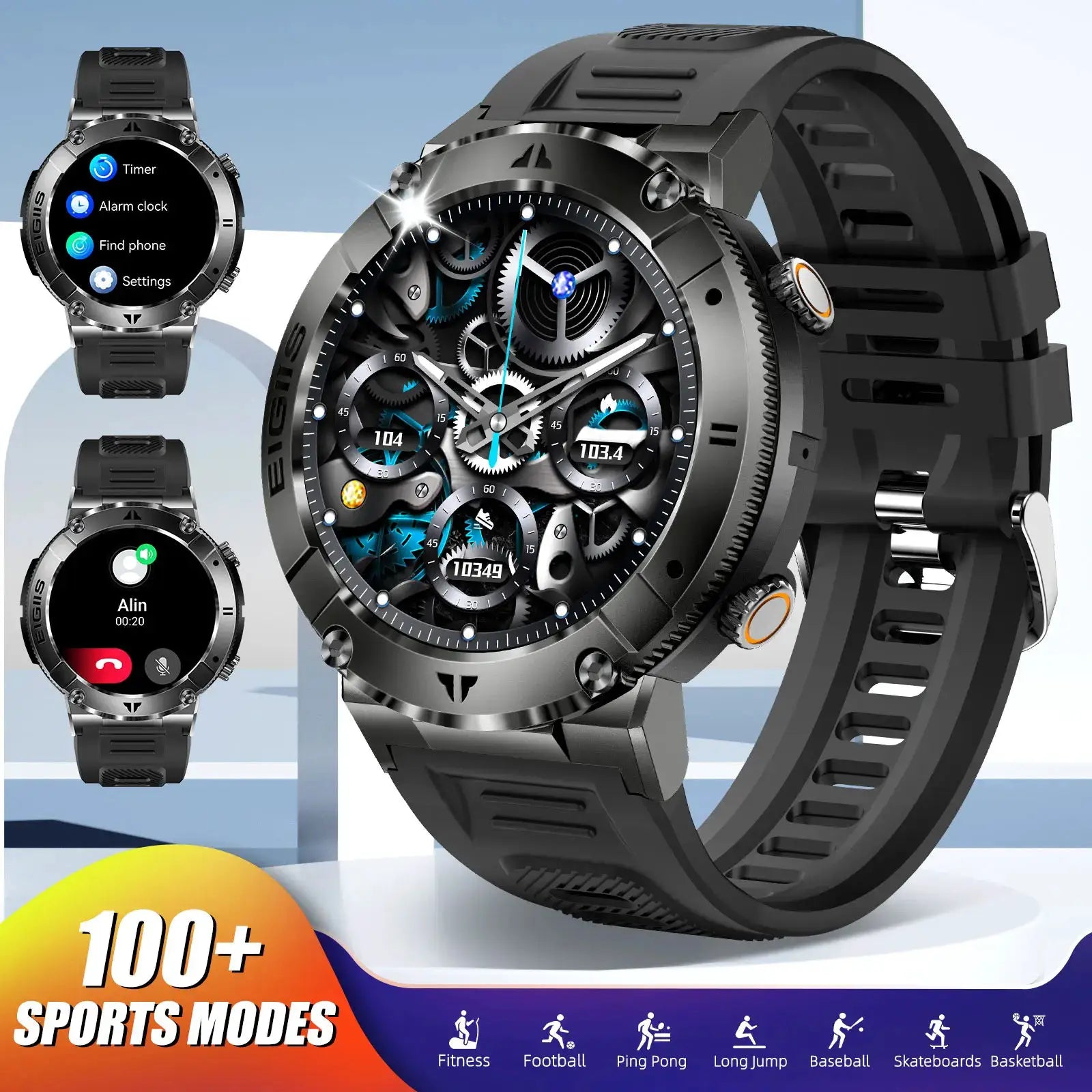 LaNikar Smart Watch with black silicone strap and metal case; three watches shown in collage with 100+ sports modes.