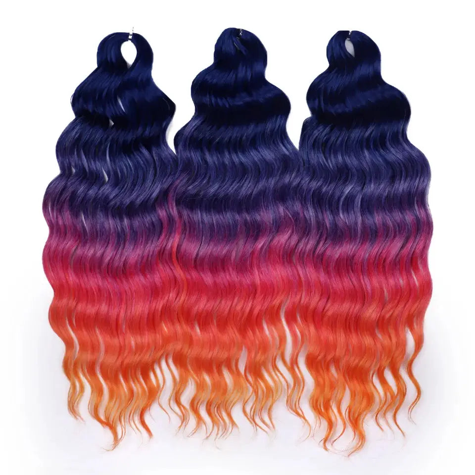 Three bundles of Noble Hair synthetic loose deep wave braiding extensions, 24in, blue to purple to orange ombre.