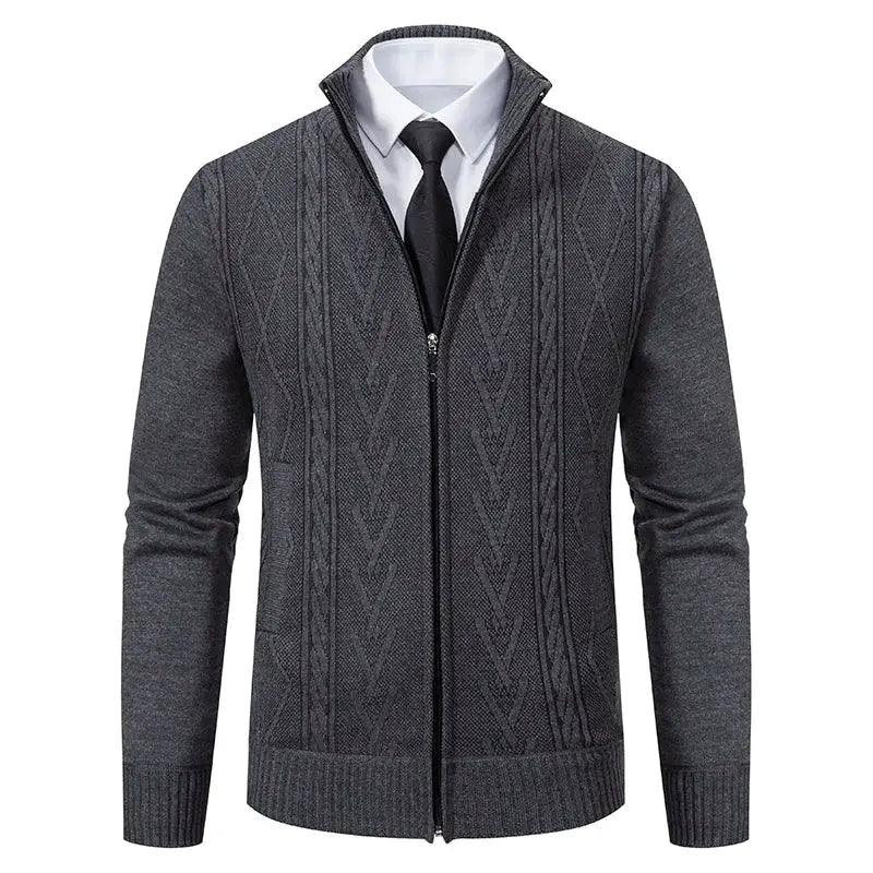 Men's knitted cardigan coat in grey with zip front and cable knit pattern
