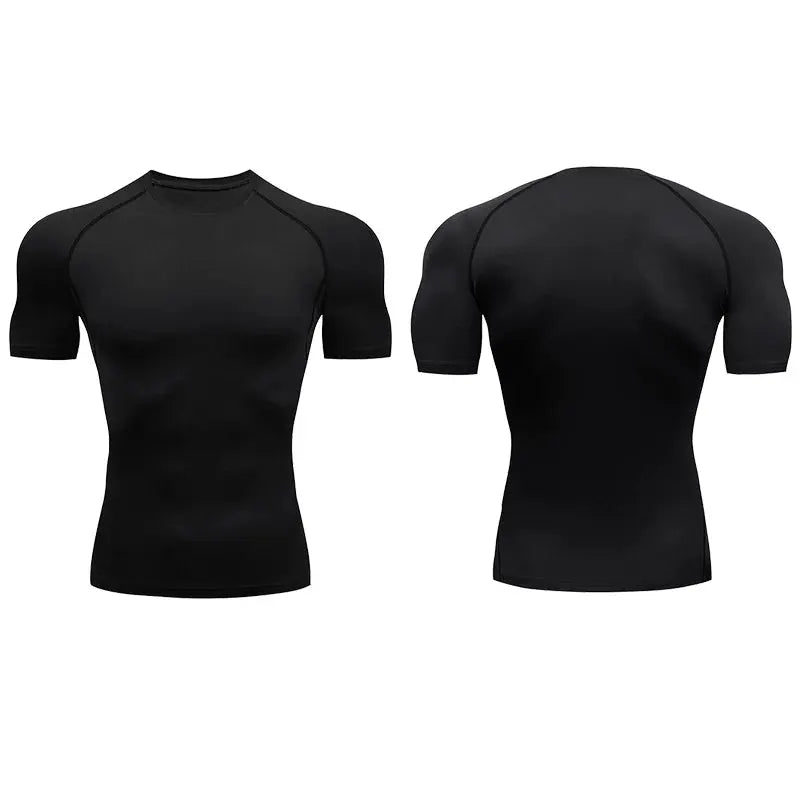 Simples Market men's black compression T-shirt, short-sleeve athletic gym top; front and back views