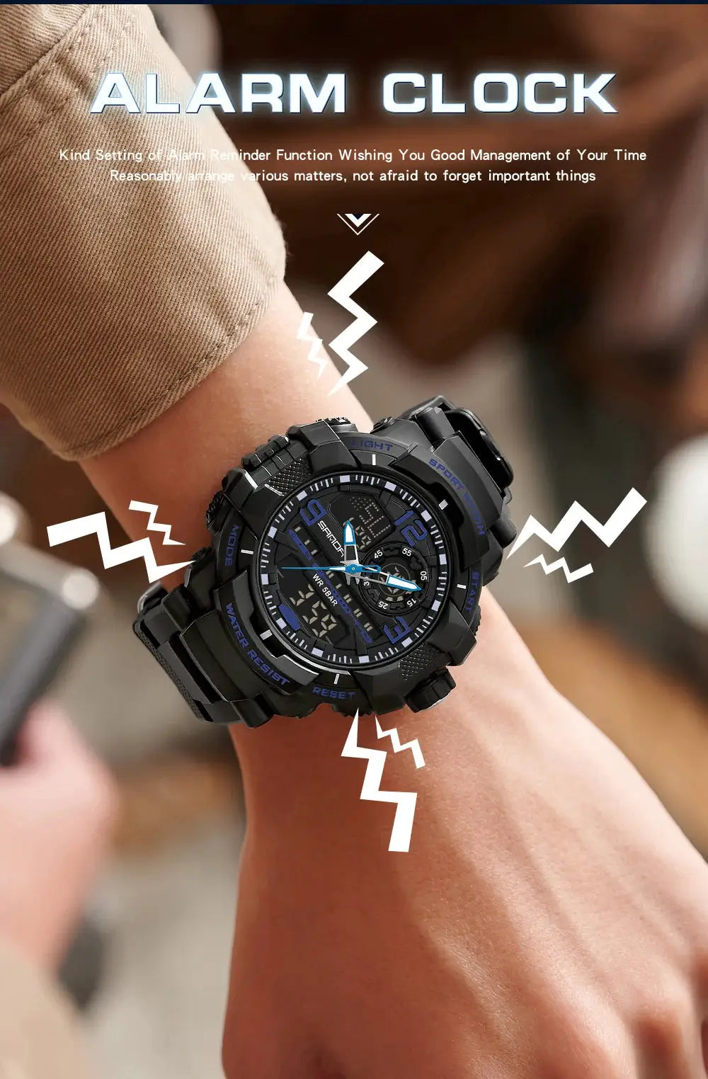SANDA 6130 dual-display men's sport watch, black waterproof digital-analog with alarm and stopwatch, Simples Market