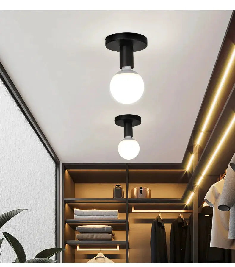 Minimalist Black E27 ceiling light fixtures (2) with globe bulbs, modern Nordic retro iron lamps