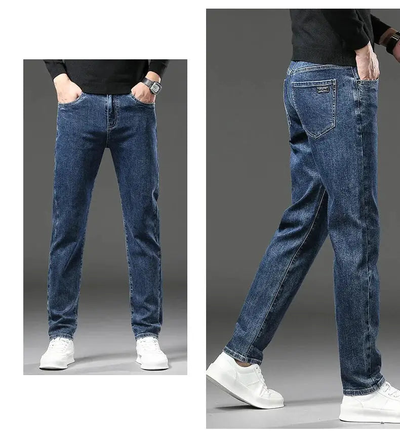 Men's blue denim winter fleece jeans, Simples Market, slim straight fit with elastic waist; front and back views